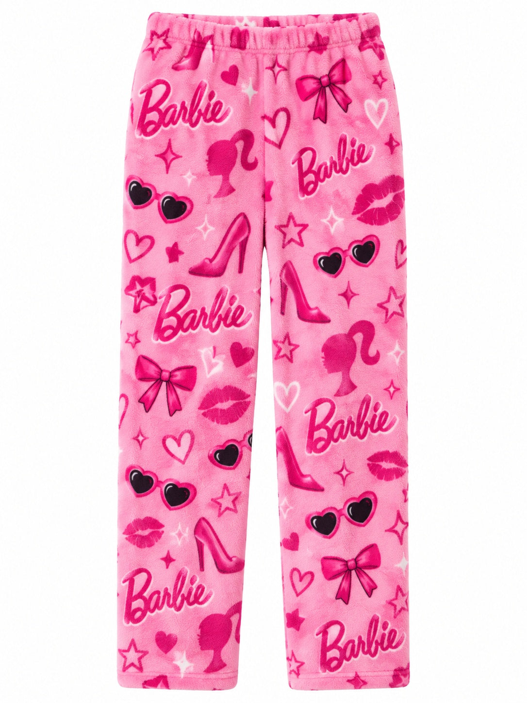 Pink Barbie print fleece lounge pants flat lay