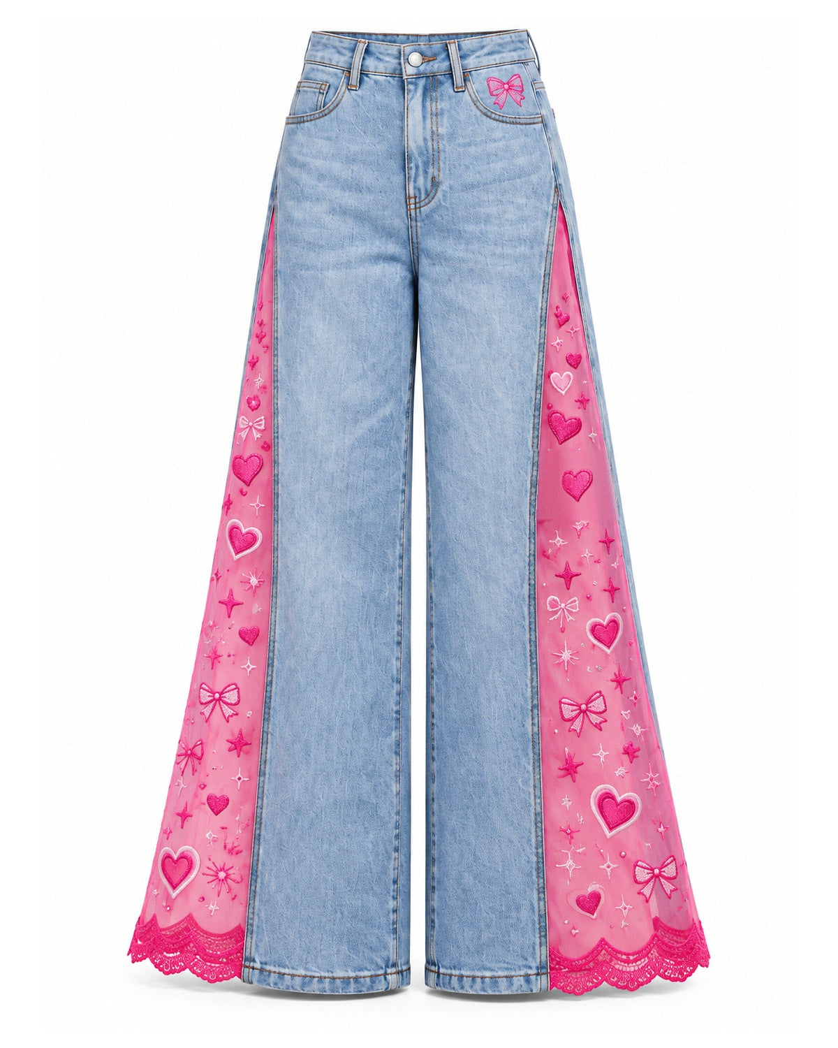 Dollhouse Flares, light-wash flare jeans with pink heart and bow mesh panels