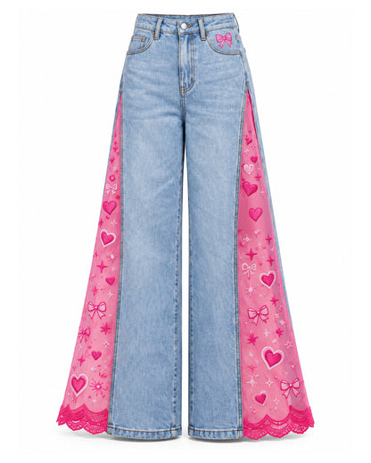 Dollhouse Flares, light-wash flare jeans with pink heart and bow mesh panels