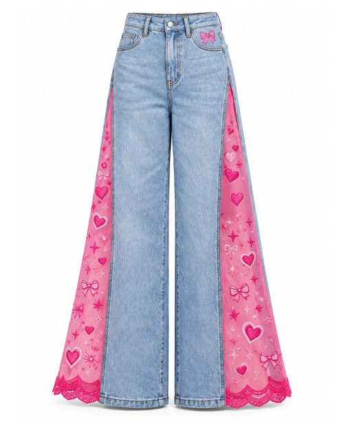 Dollhouse Flares, light-wash flare jeans with pink heart and bow mesh panels