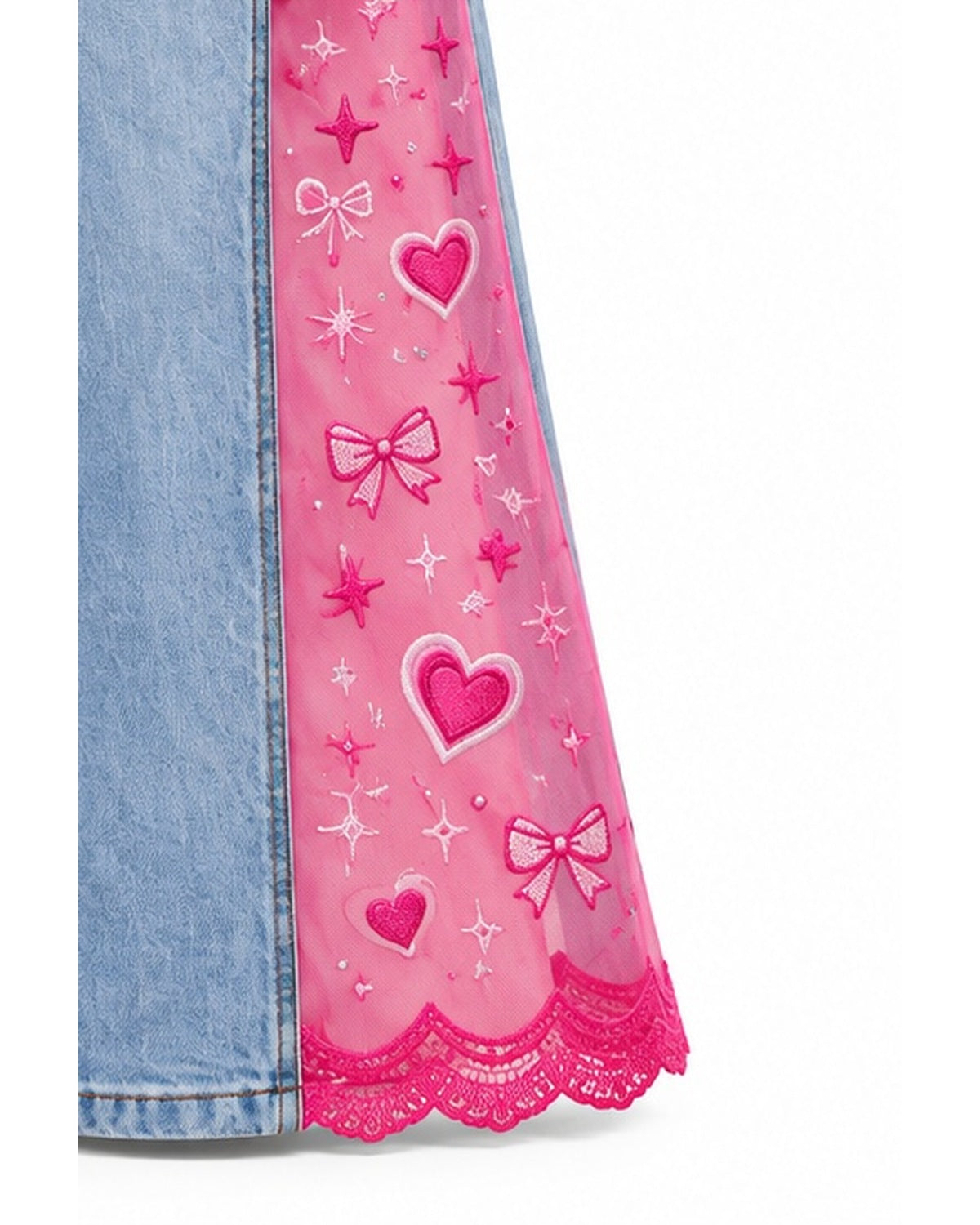 Pink mesh side panel with embroidered hearts, bows and scalloped lace hem