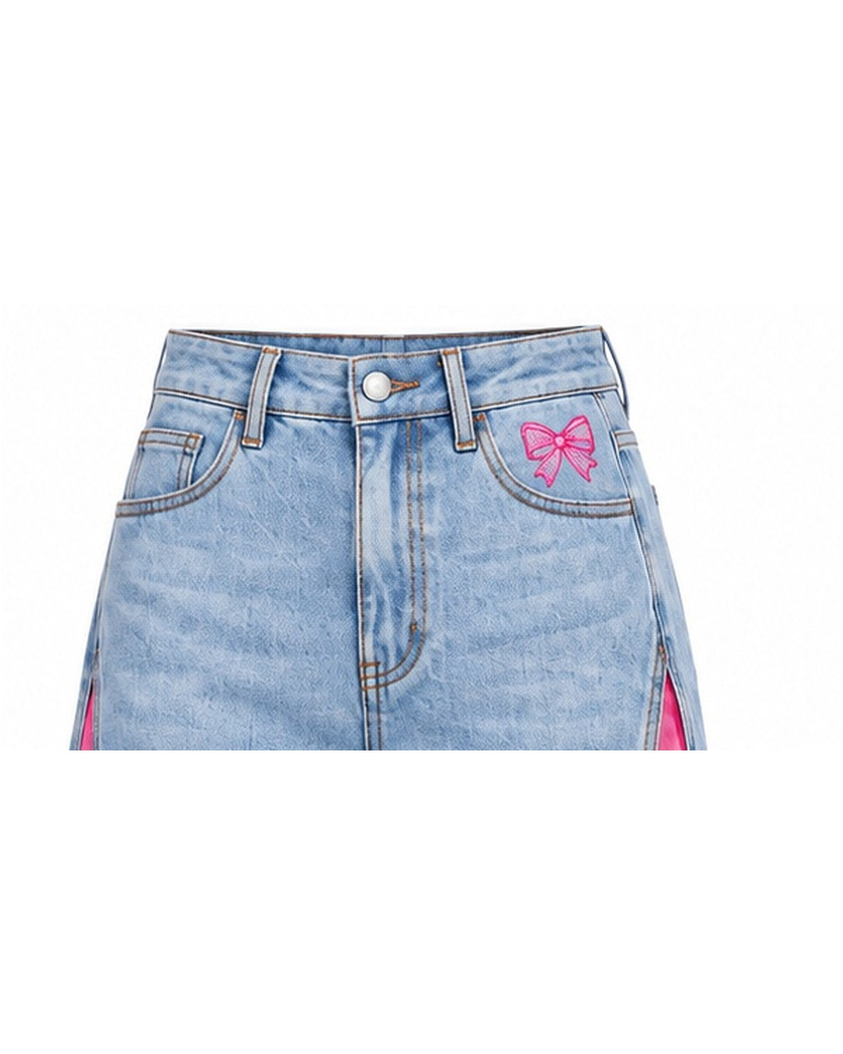 High-rise waist with pink bow embroidery on the coin pocket